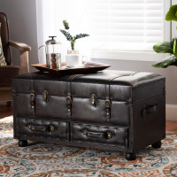 Baxton Studio JY19A418-Brown-Otto Callum Modern Transitional Distressed Dark Brown Faux Leather Upholstered 2-Drawer Storage Trunk Ottoman